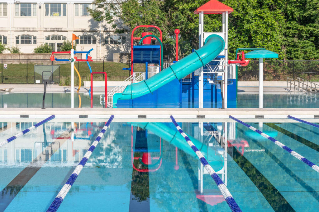 a swimming pool with a slide.