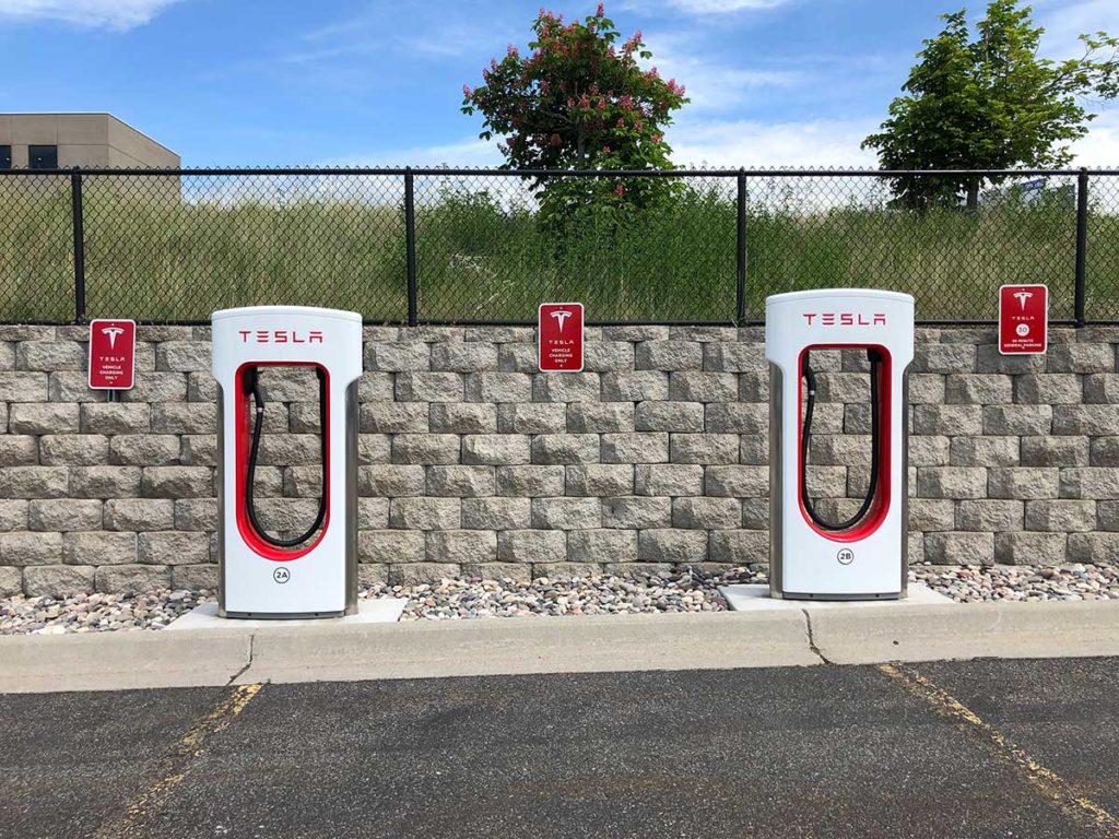 Two Tesla EV charging stations.