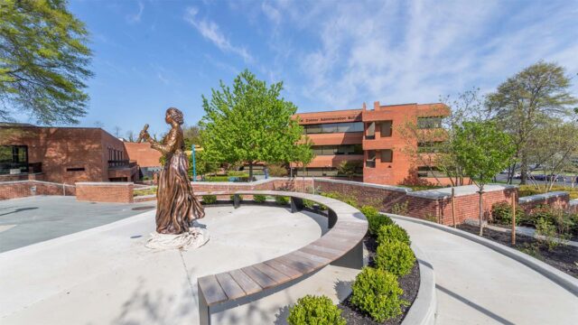 Statue of Fanny Jackson Coppin on the campus of Coppin State University in Baltimore with an ADA compliant ramp.