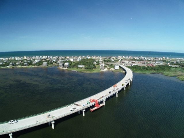 Rodanthe Bridge completed Spans 1 to 16, South Heading aerial view over Pamlico Sound