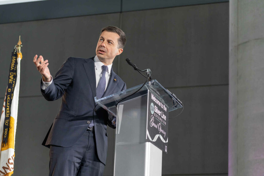 U.S. Department of Transportation Secretary Pete Buttigieg makes remarks at the grand opening celebration of the Metro Silver Line Extension at Washington Dulles International Airport Station