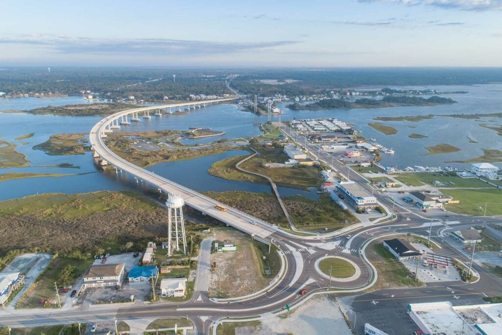 An aerial view of the Surf City Bridge looking northwest.