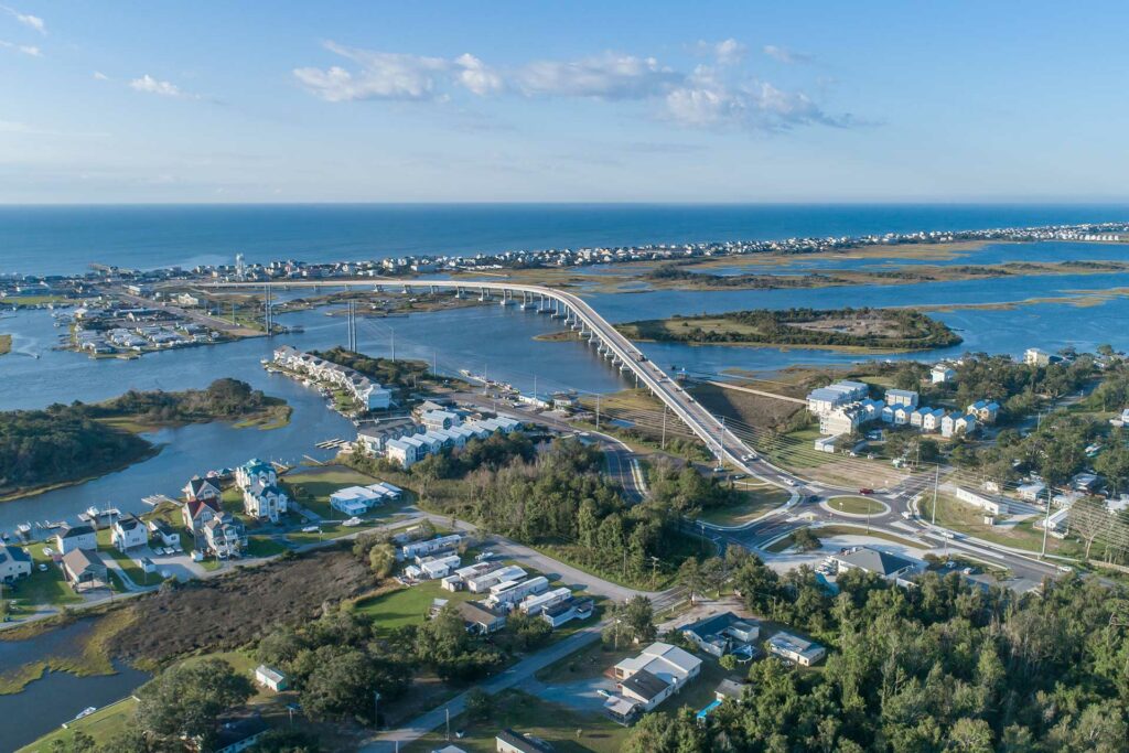 An aerial view of the Surf City Bridge looking south.