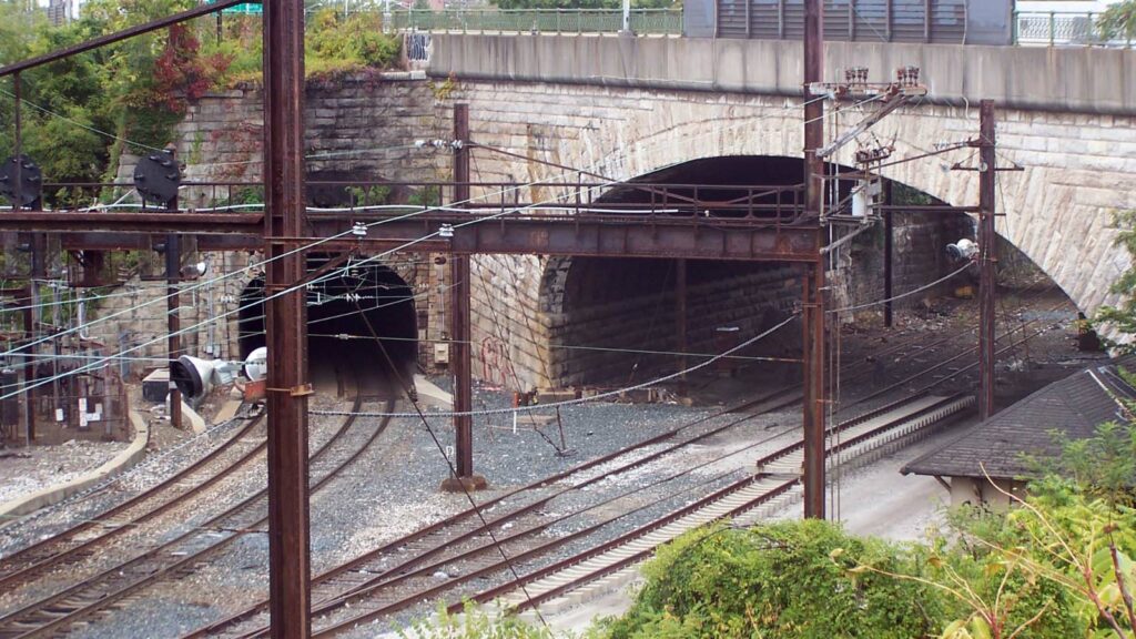 Train tracks entering the 150-year-oldBaltimore & Potomac tunnel.