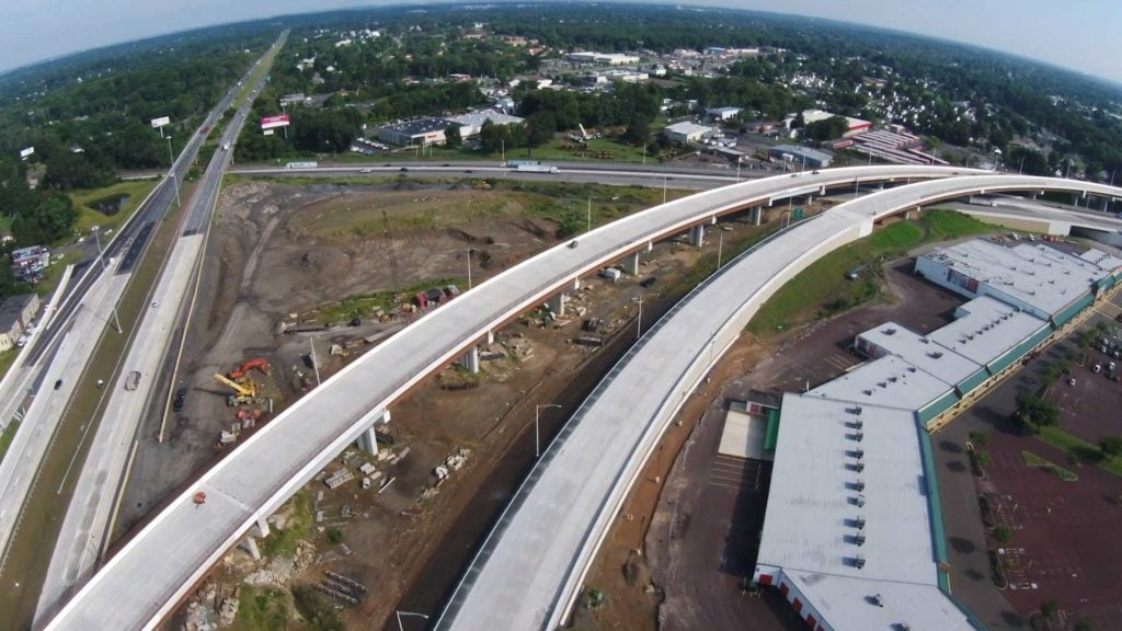 An aerial view of the PA Turnpike/I-95 Interchange in Bucks County, Pennsylvania.