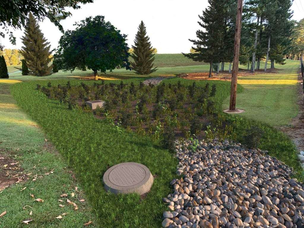 Conceptual rendering of bioretention retrofit at Gwinnett County water treatment facility.